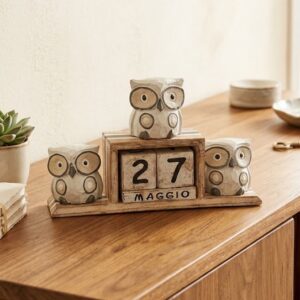 Calendario Legno 3 Gufi Bianco